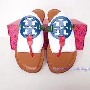 ❤️ NIB Tory Burch Miller Leather Thong Sandal Duchess Blue Red Green  AUTH